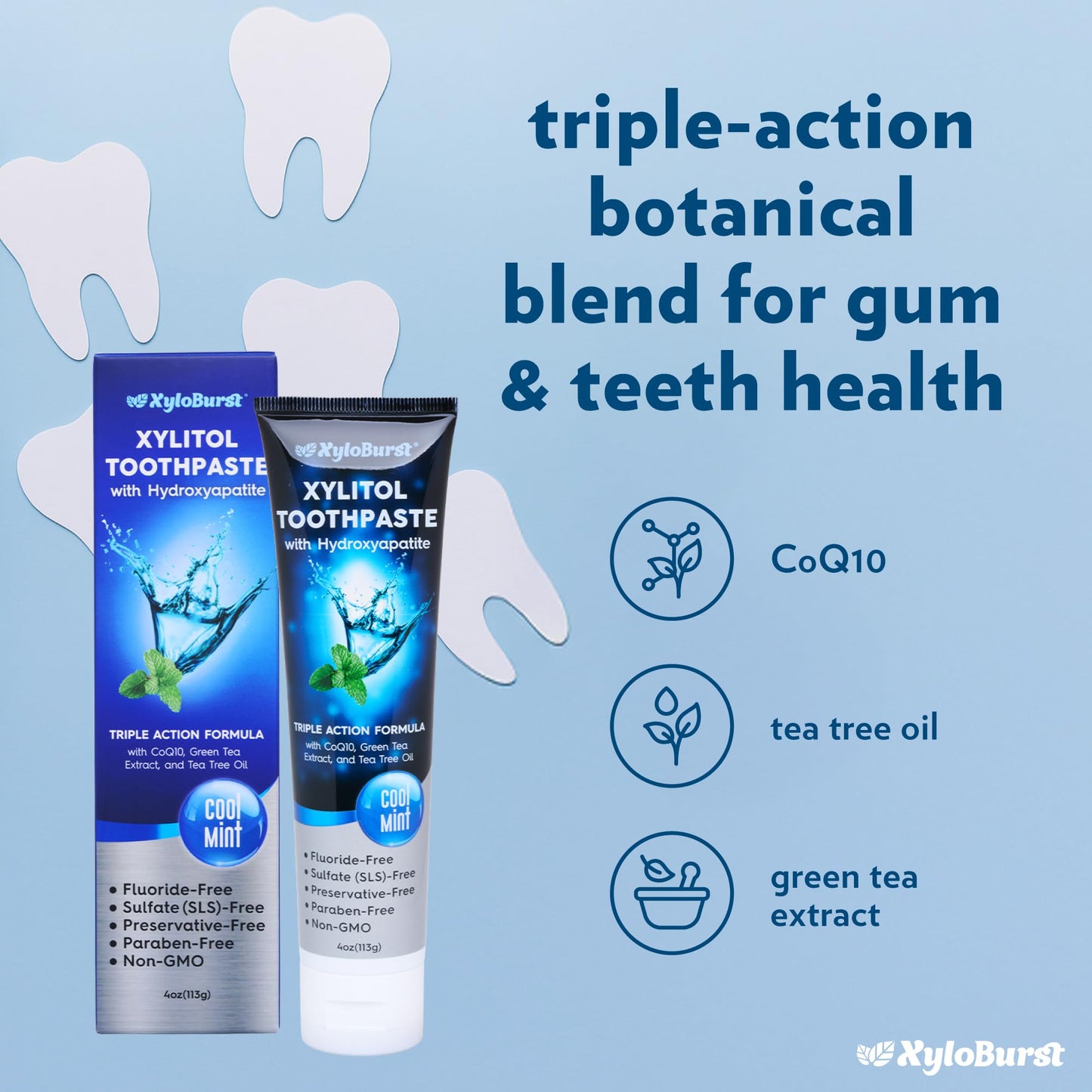 XyloBurst Hydroxyapatite Toothpaste with Xylitol – Fluoride-Free, SLS-Free, Made in the USA, Cool Mint 4 oz