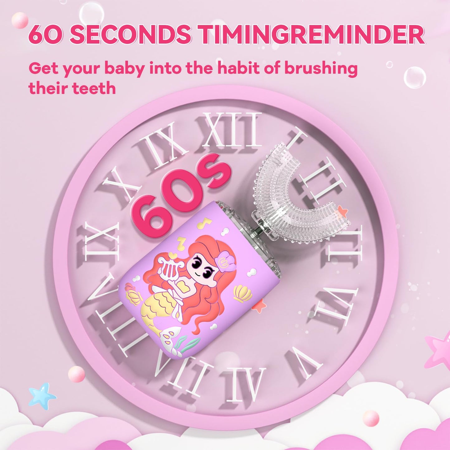 Yeklike Kids U-Shaped Electric Toothbrush Purple – 6 Brush Heads, 6 Sonic Cleaning Modes, Mermaid LED, USB Rechargeable for Ages 2-15