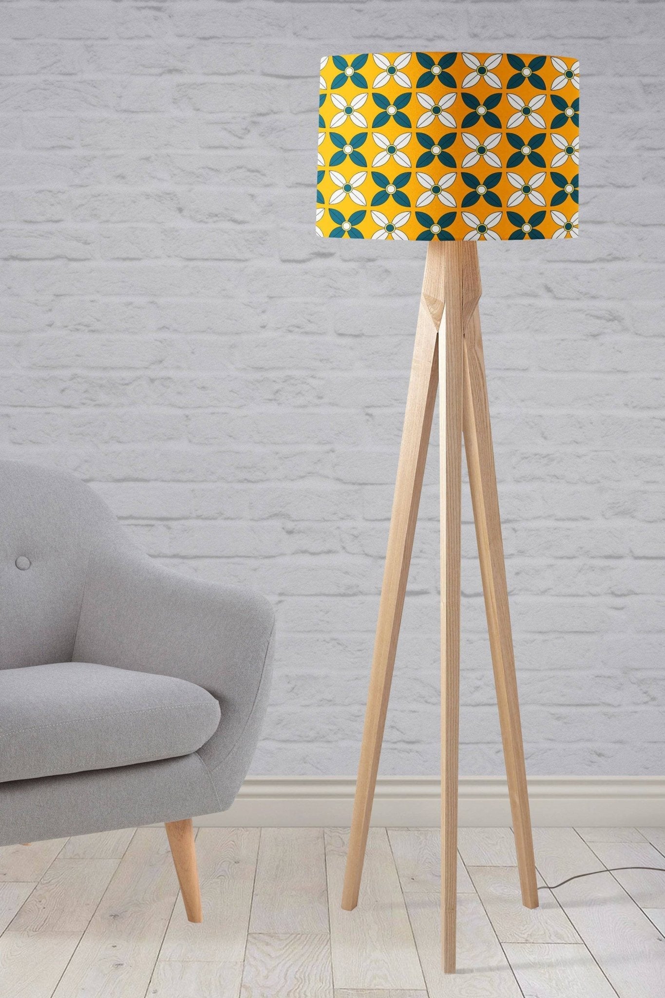 Yellow Drum Lampshade, Retro Blue and White Design Shade for Table, Floor or Ceiling Pendant Light