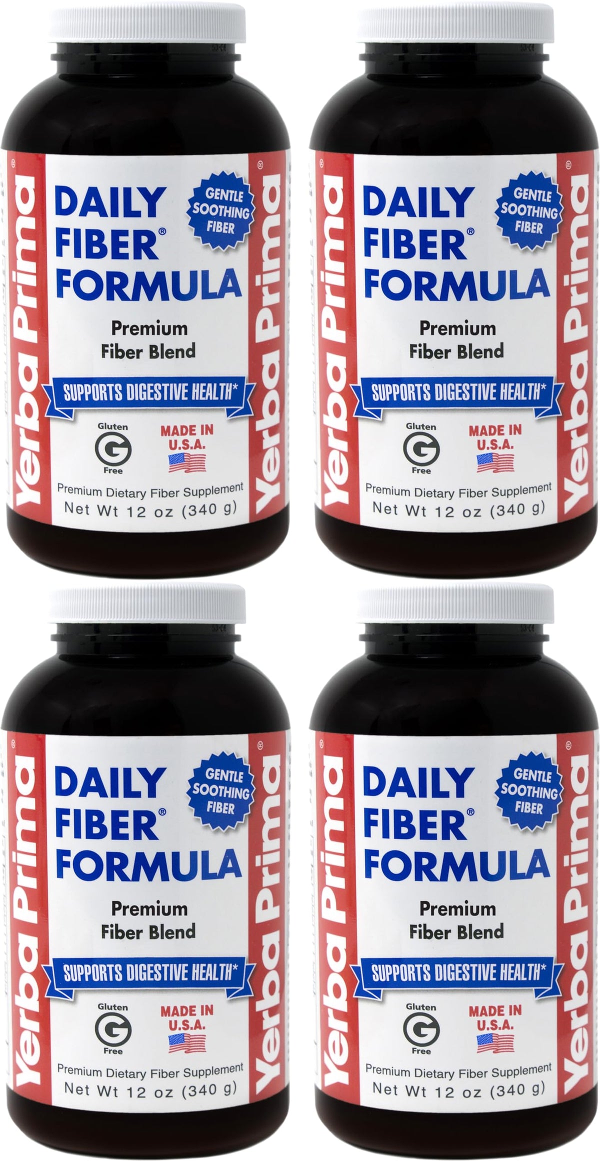 Yerba Prima Daily Fiber Formula Powder – 12 oz (Pack of 4) | Soluble & Insoluble Fiber for Gut Health | Vegan, Non-GMO, Gluten-Free