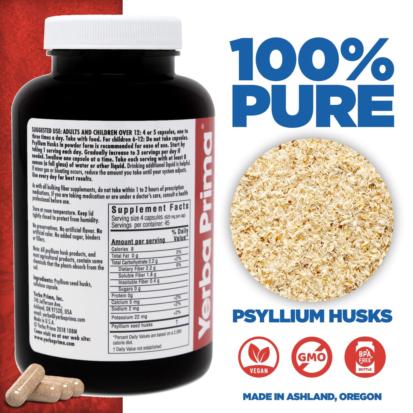 Yerba Prima Psyllium Husks 180 Veg Caps (625mg) – Vegan, Non-GMO, Gluten Free