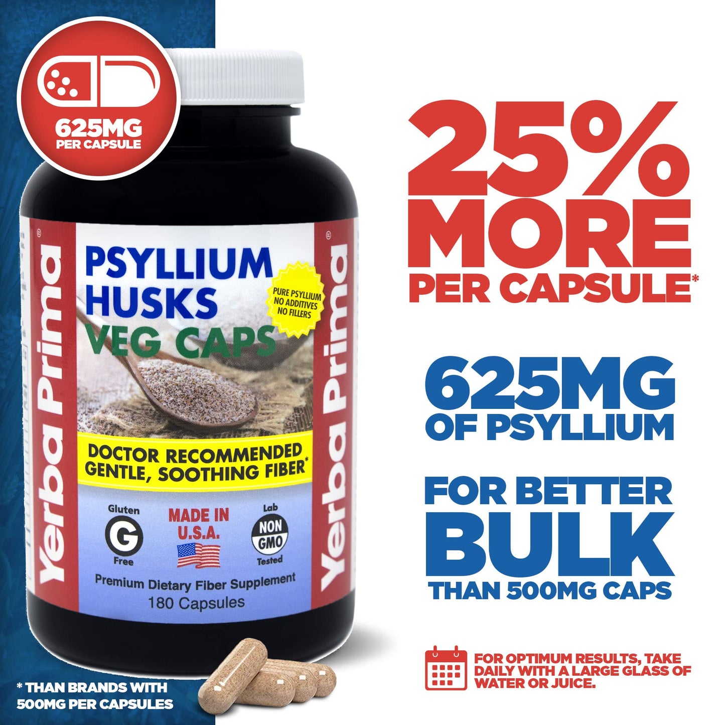 Yerba Prima Psyllium Husks 180 Veg Caps (625mg) – Vegan, Non-GMO, Gluten Free