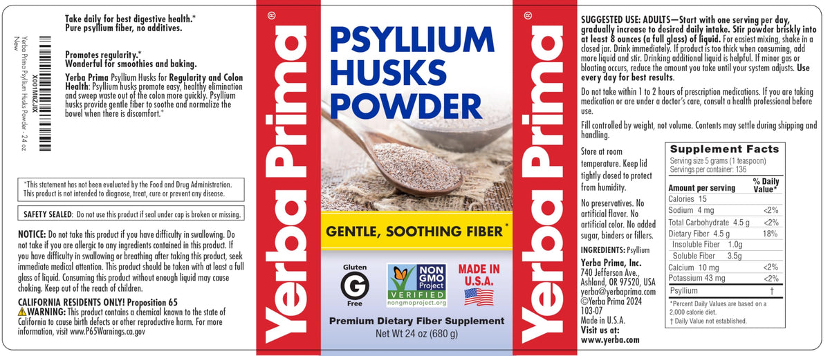 Yerba Prima Psyllium Husks Powder - 24 oz (Pack of 2) Unflavored, Fine Ground, Natural Fiber Supplement