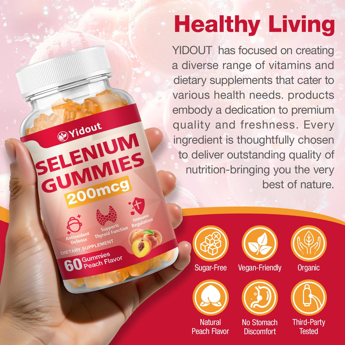 Yidout Selenium Thyroid Support Gummies 200mcg – Peach Flavor, Energy Booster for Women & Men | 60 Count (Pack of 2)