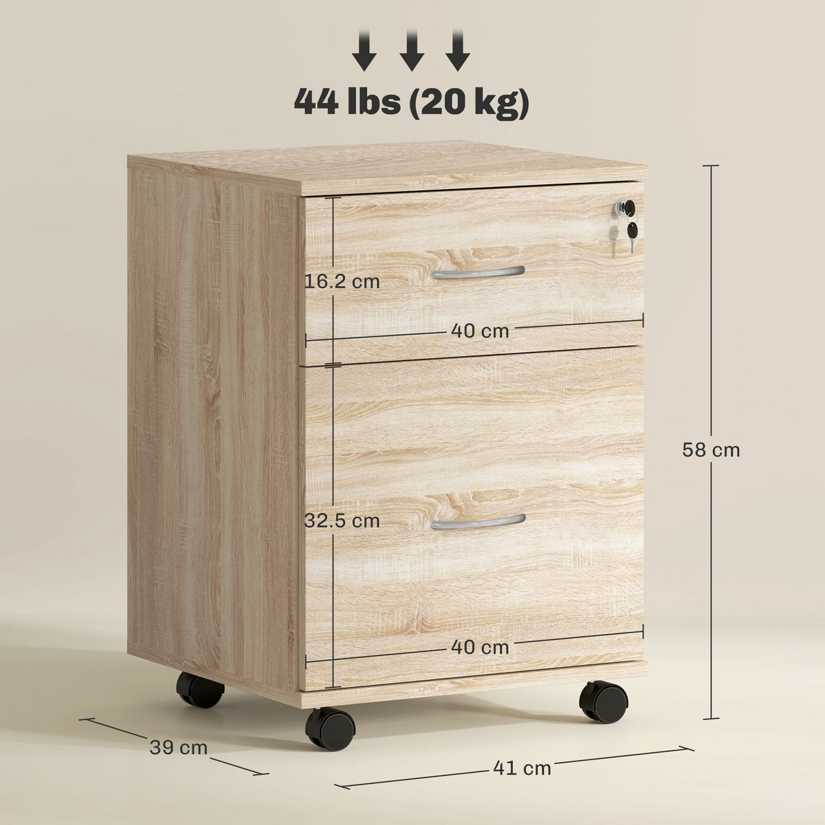 HOMCOM Pedestal Office Mobile Filing Cabinet 2 Drawer Wooden Storage Oak