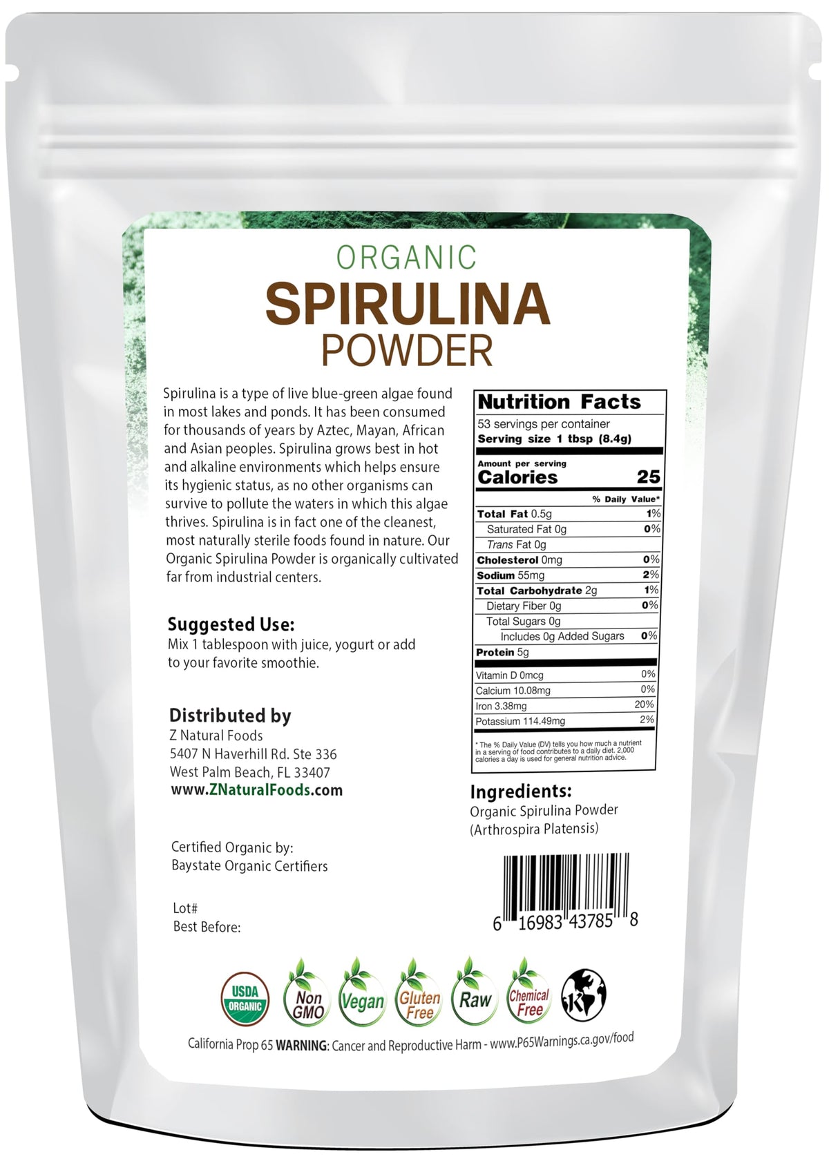 Z Natural Foods Organic Spirulina Powder - 100% Pure Spirulina, Nutrient-Dense Blue-Green Algae Superfood with Amino Acids, 15x Beta-Carotene - Mix in Smoothies, Yogurt, Recipes, 1 lb (Pack of 2)