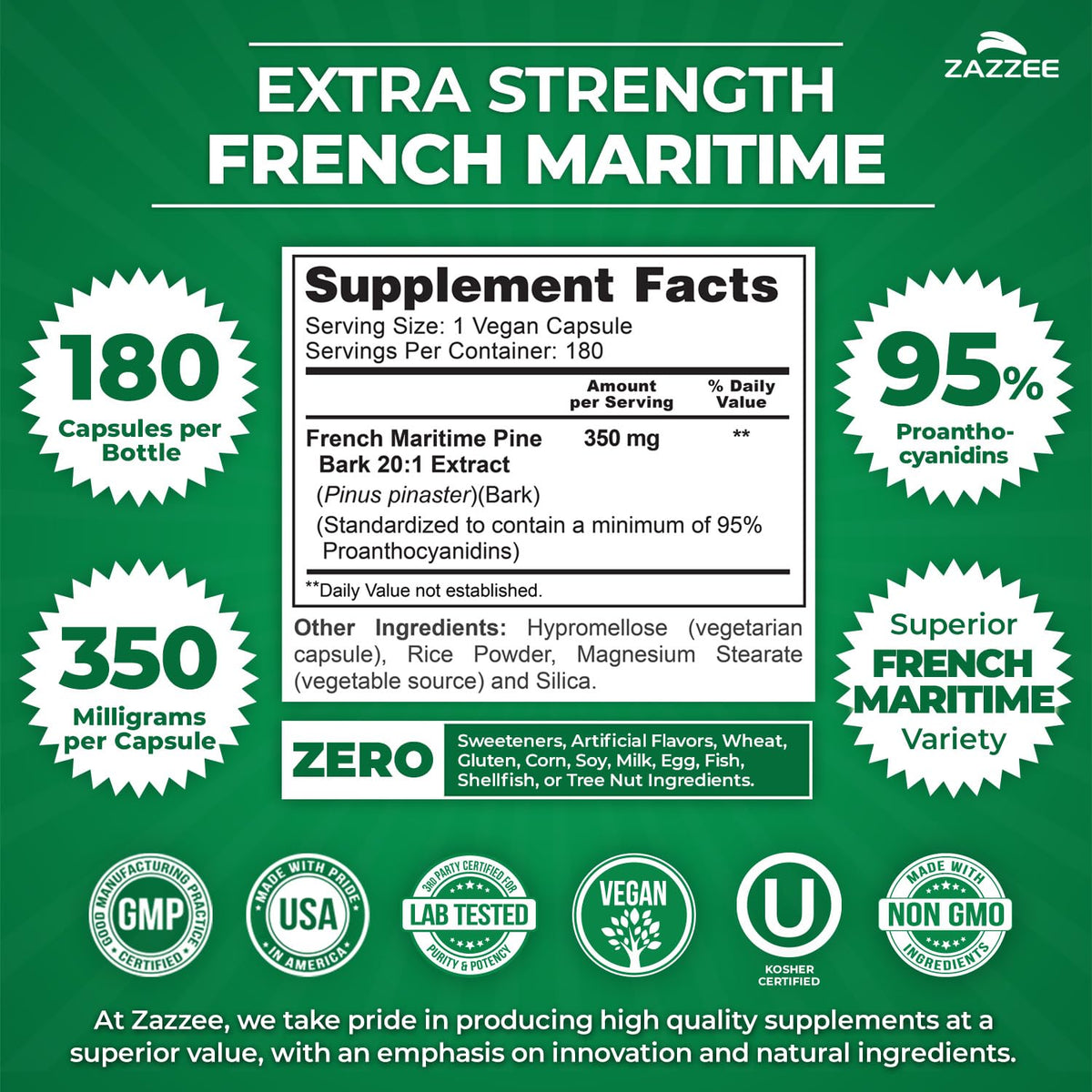 Zazzee Extra Strength French Maritime Pine Bark Extract 20:1 – 350 mg per Capsule, 180 Vegan Capsules