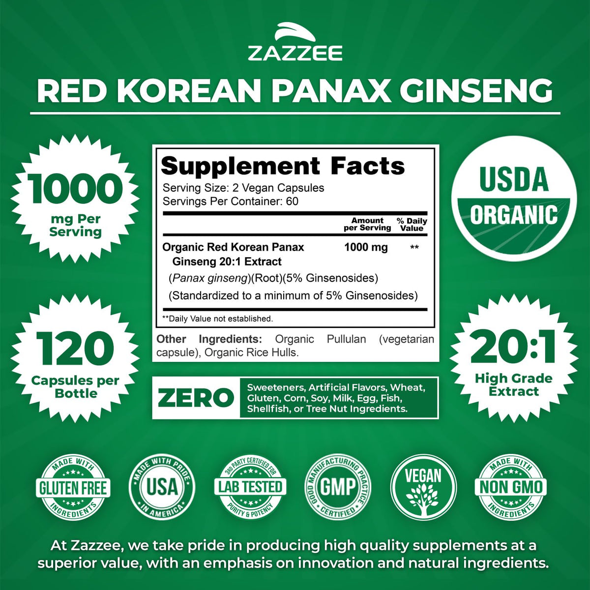 Zazzee USDA Organic Red Korean Panax Ginseng – 20:1 Extract, 1000 mg, 120 Vegan Capsules