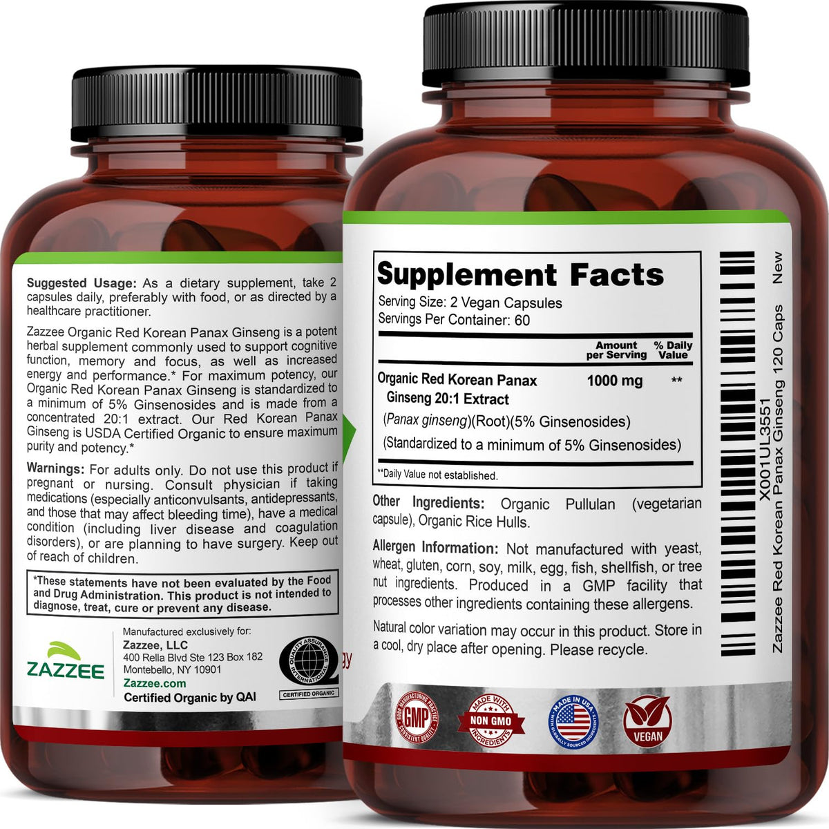 Zazzee USDA Organic Red Korean Panax Ginseng – 20:1 Extract, 1000 mg, 120 Vegan Capsules