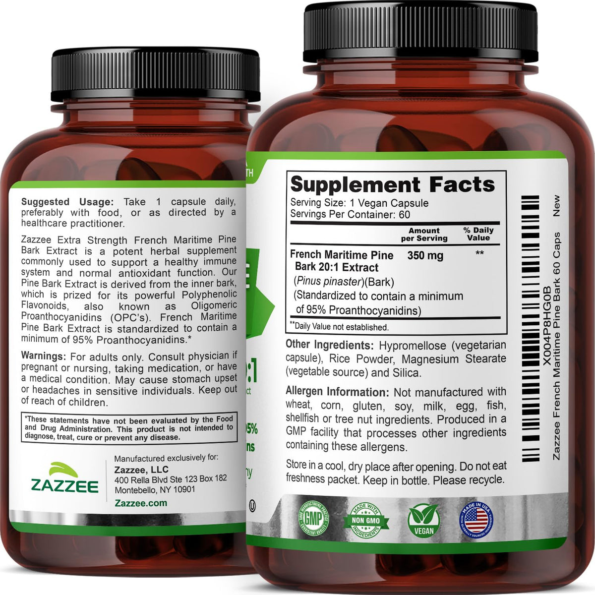 Zazzee French Maritime Pine Bark 350 mg - 60 Vegan Capsules, 95% Proanthocyanidins