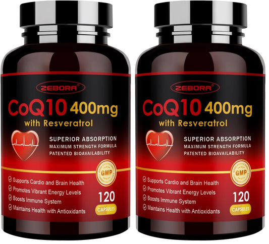 ZEBORA CoQ10-400mg with Trans-Resveratrol, PQQ & Vitamin E — High-Absorption CoQ10 with BioPerine, 2-Pack Veggie Capsules