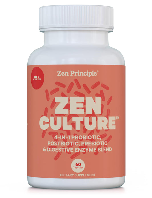 Zen Principle Zenculture™ – 4-in-1 Synbiotic Supplement (Probiotic + Prebiotic + Postbiotic + Digestive Enzymes) with CoreBiome® • 60 Capsules