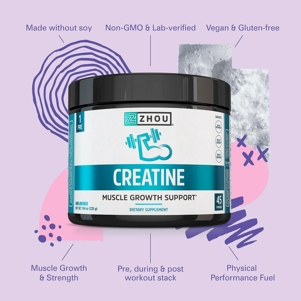 Zhou Creatine Monohydrate Powder – Unflavored, Vegan, 5 g per Serving | 7.94 oz (45 Servings) – For Women & Men