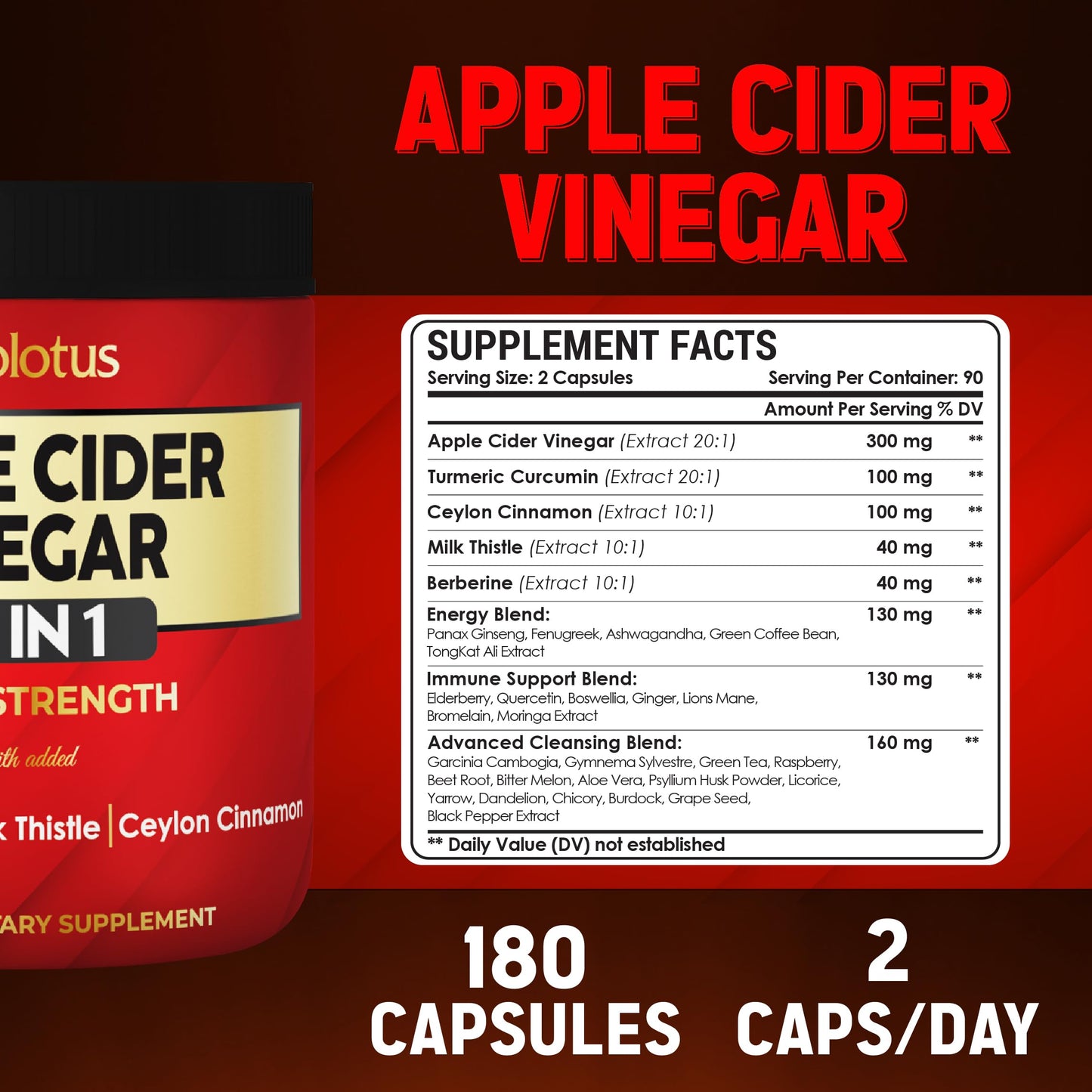 Zolotus 32-in-1 Apple Cider Vinegar Capsules with Turmeric, Cinnamon, Milk Thistle, Elderberry & Quercetin – Supports Digestion & Immune Health (180 Capsules)