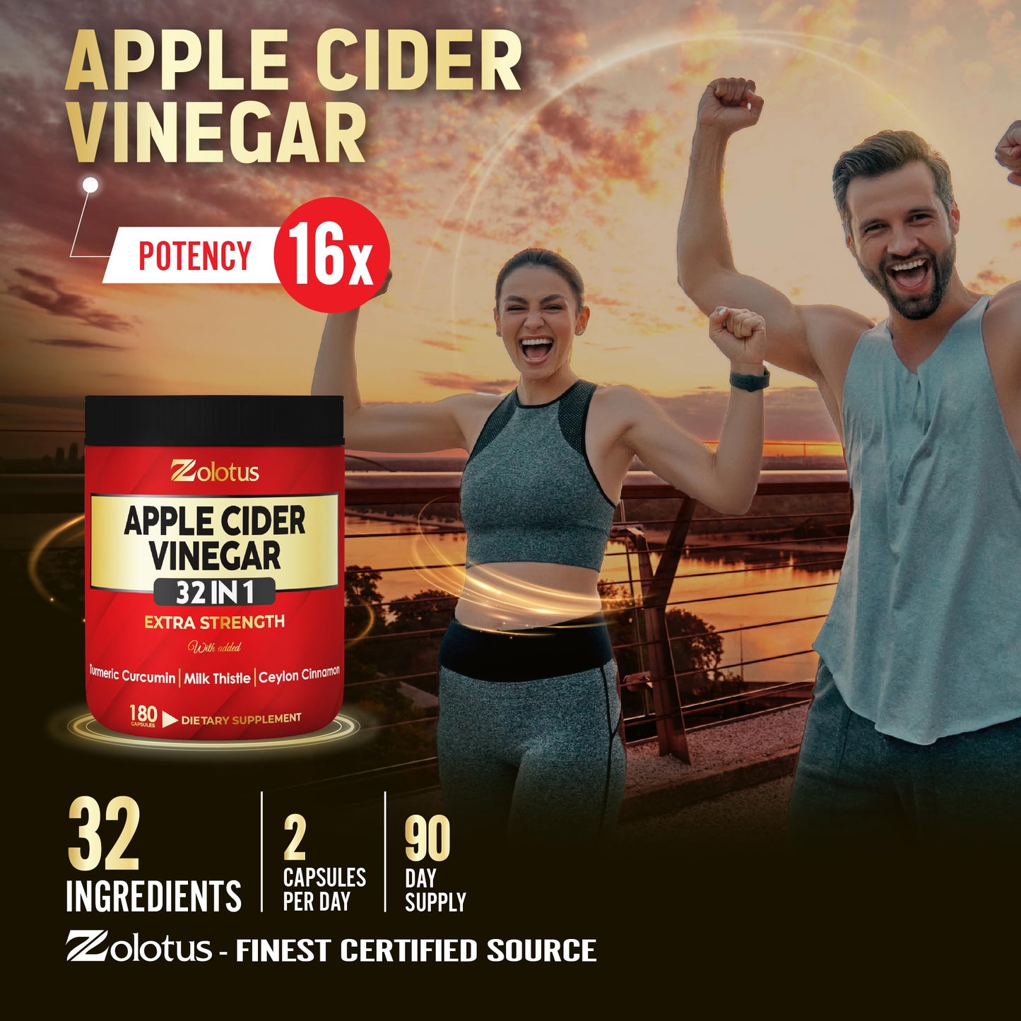 Zolotus 32-in-1 Apple Cider Vinegar Capsules with Turmeric, Cinnamon, Milk Thistle, Elderberry & Quercetin – Supports Digestion & Immune Health (180 Capsules)