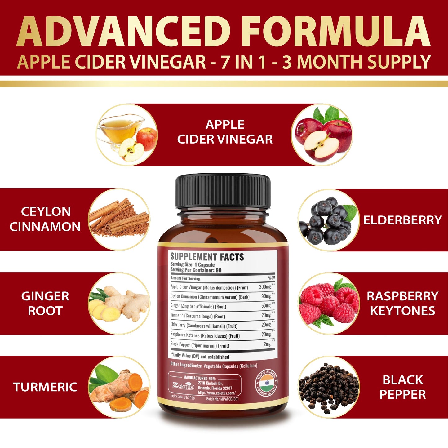 Zolotus 7-in-1 Apple Cider Vinegar Capsules, 3-Month Supply