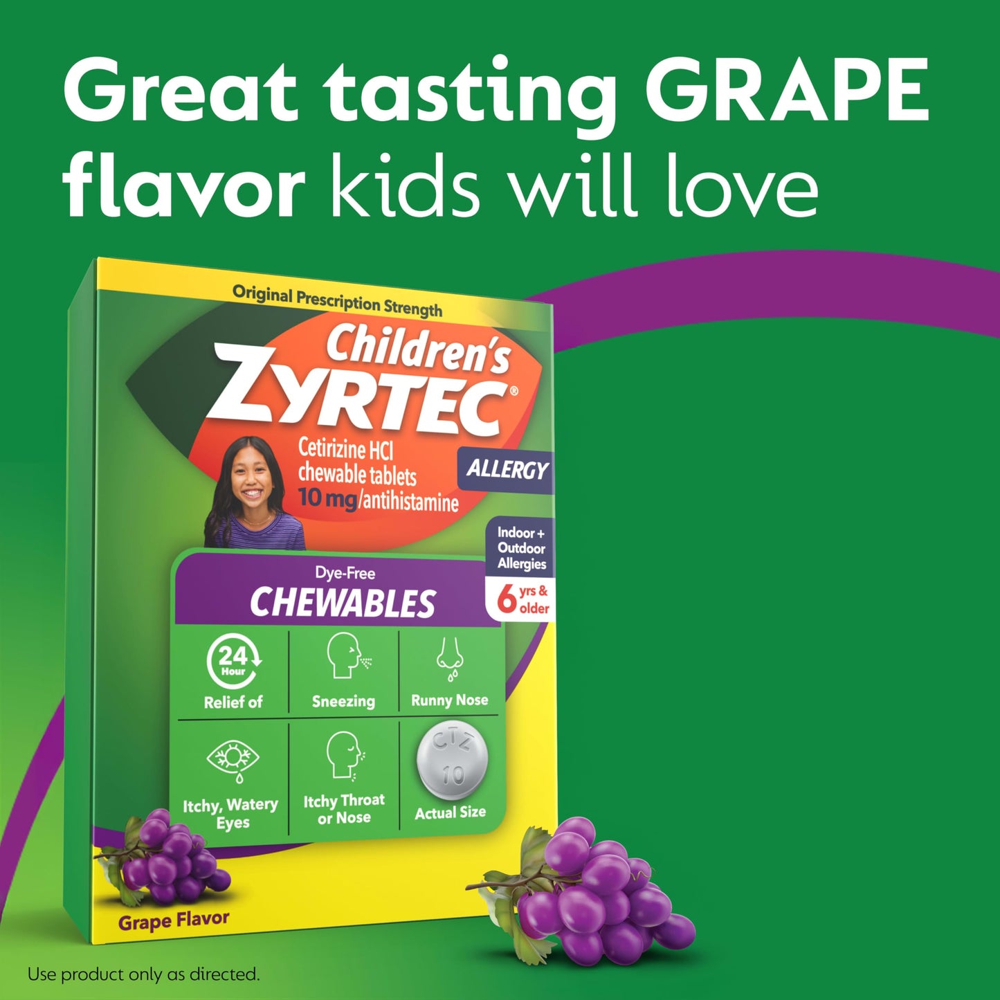 Zyrtec Children's Dye-Free Grape Chewables — 24 Hour Allergy Relief, 10 mg Cetirizine, 48 ct